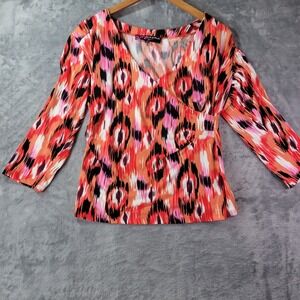 Peck &‎ Peck Womens Surplice Wrap Top Medium Pink Orange Ikat Print 70s Y2K